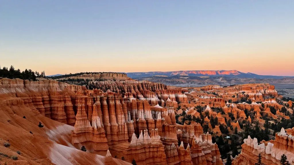 Distant shot of Bryce Canyon hoodoos carving the horizon at sunset