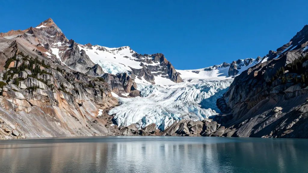 Distant panorama of Glacier Park jagged peaks with reflected granite walls over water