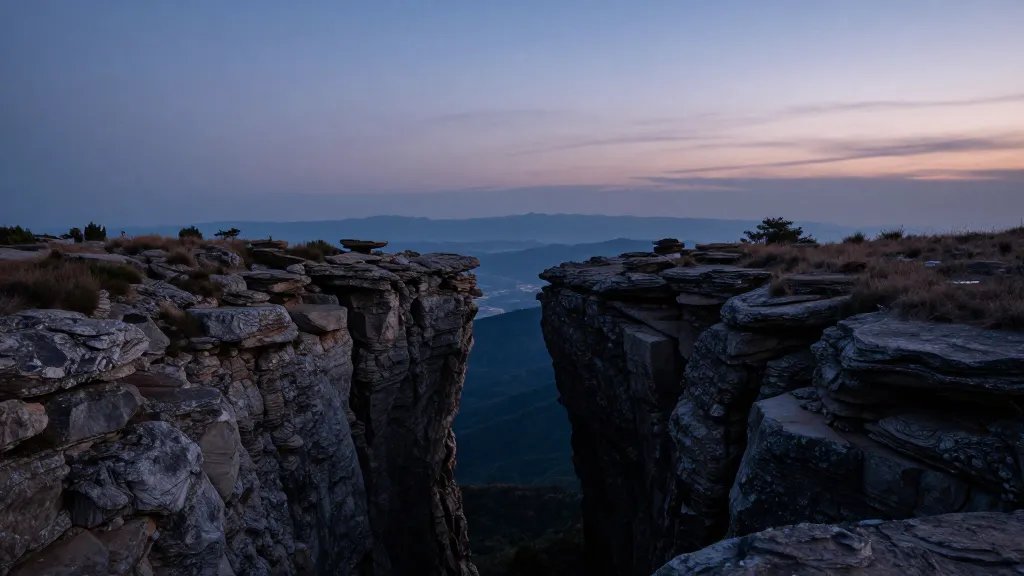 Distant view of a mountain fork revealing secret overlook at dusk