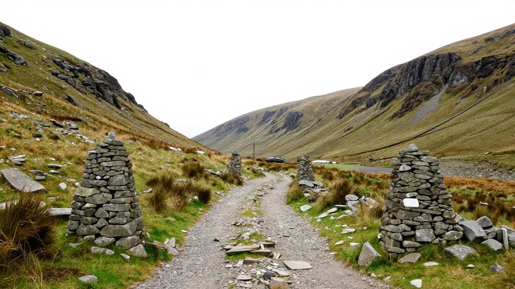 Isolated panorama peering over a narrow switchback with cairns marking detour