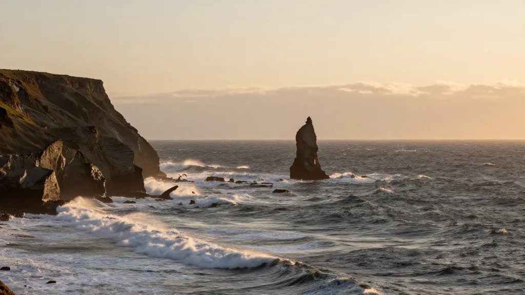 Distant coastal cliff panorama at golden hour, lone sea-stack spire against stormy ocean