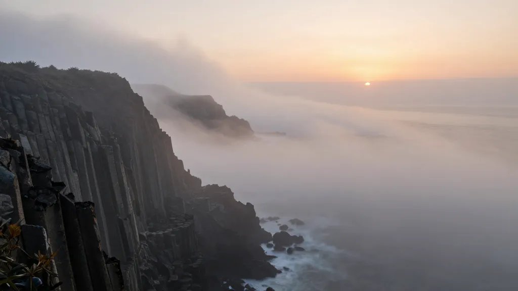 Remote coastline fog bank rolling over basalt cliffs, distant waterline glow at sunrise