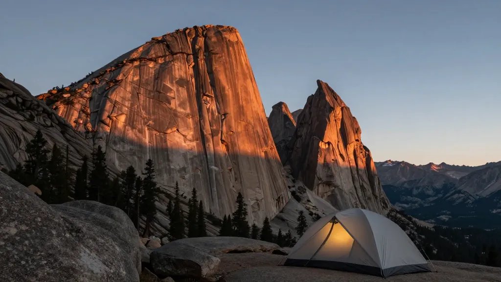 Sierra High Camp distant sunrise over granite towers