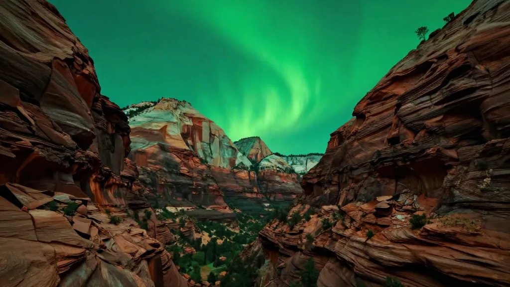 Distant shot of Zion Emerald Slot glowing green light on canyon walls