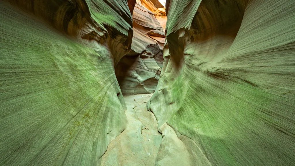 Expansive distant landscape of Zion canyon with mossy green light interior