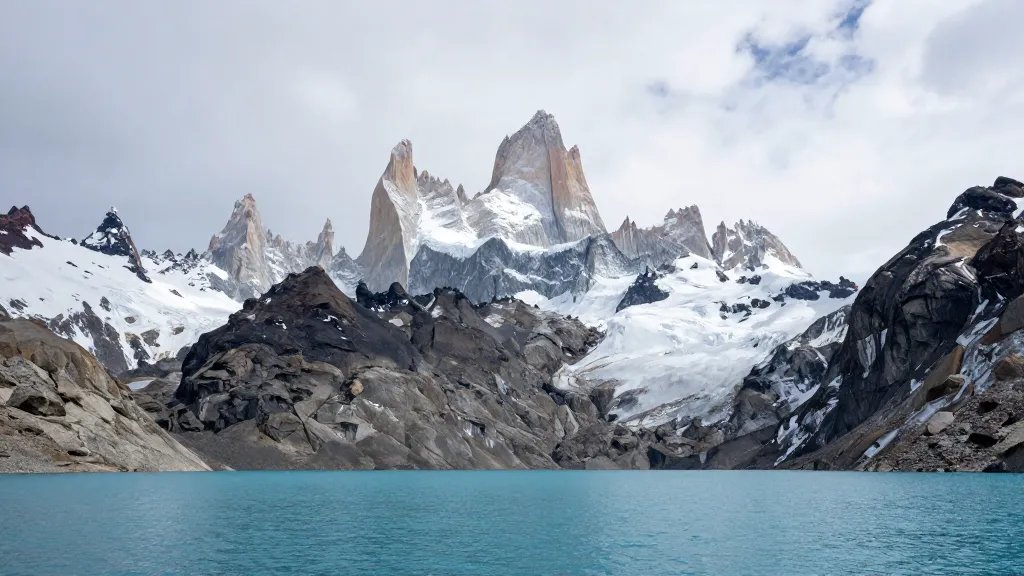Distant view of Fitz Roy jagged summit against Patagonian turquoise lake