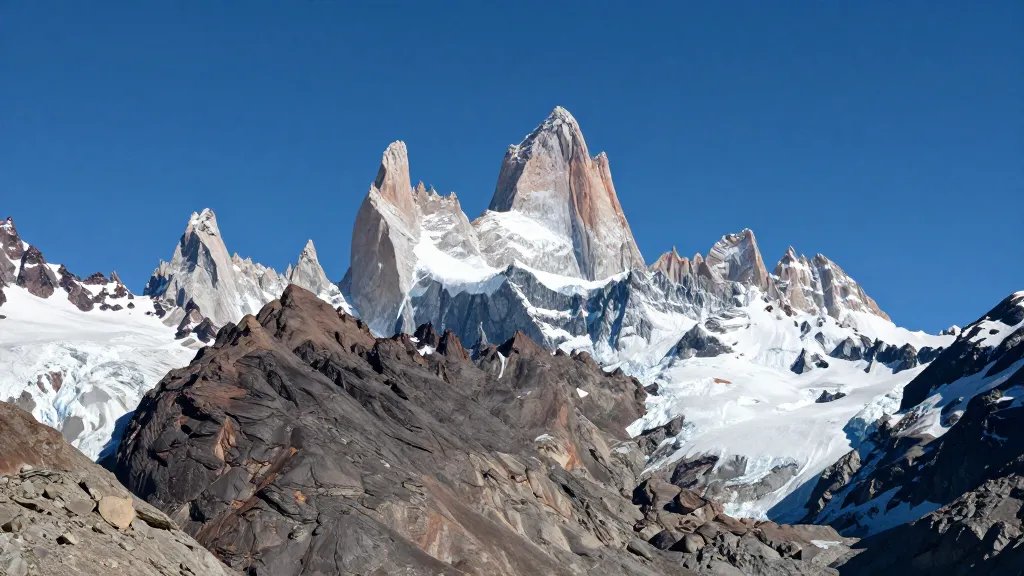 Distant panorama of Cerro Torre’s spires rising over glacial plains