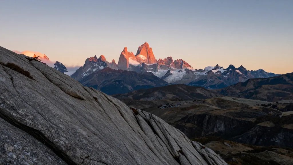Distant alpine overlook focusing on rugged Patagonian granite ridges at sunset