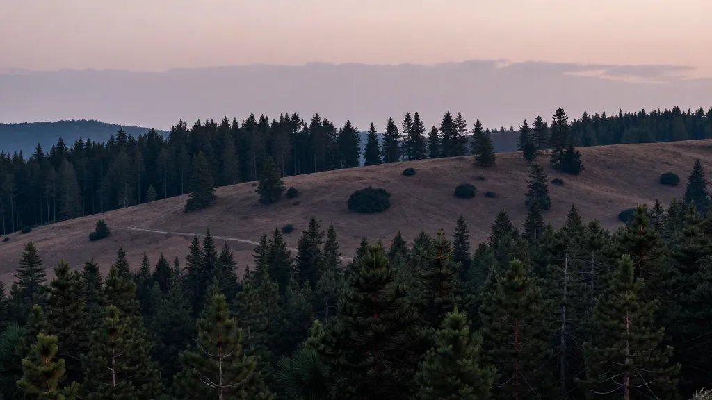 Wide panorama of distant pine-lined plateau at dusk