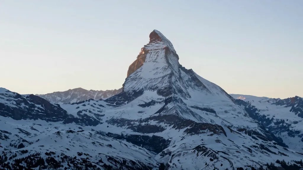 Distant view of the Matterhorn peak above Zermatt, early morning light
