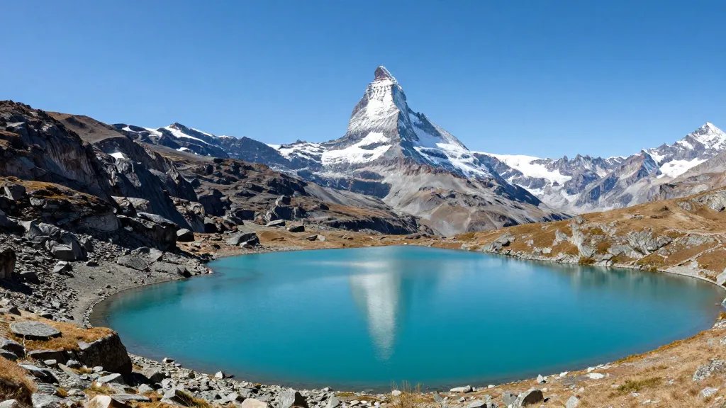 Panorama of turquoise Five Lakes with distant Matterhorn backdrop