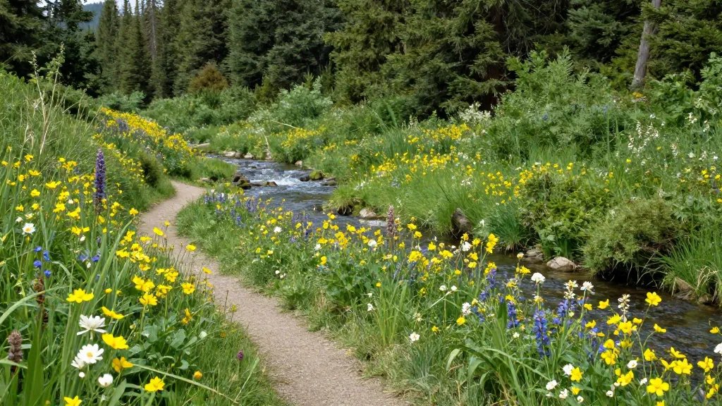 Distant view of Bear Creek Trail wildflowers along the creek