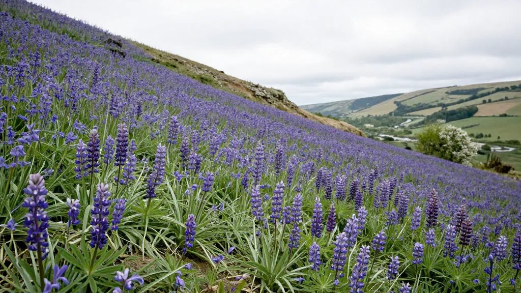 Wide-angle shot of bluebells and lupines along Bear Creek hillside