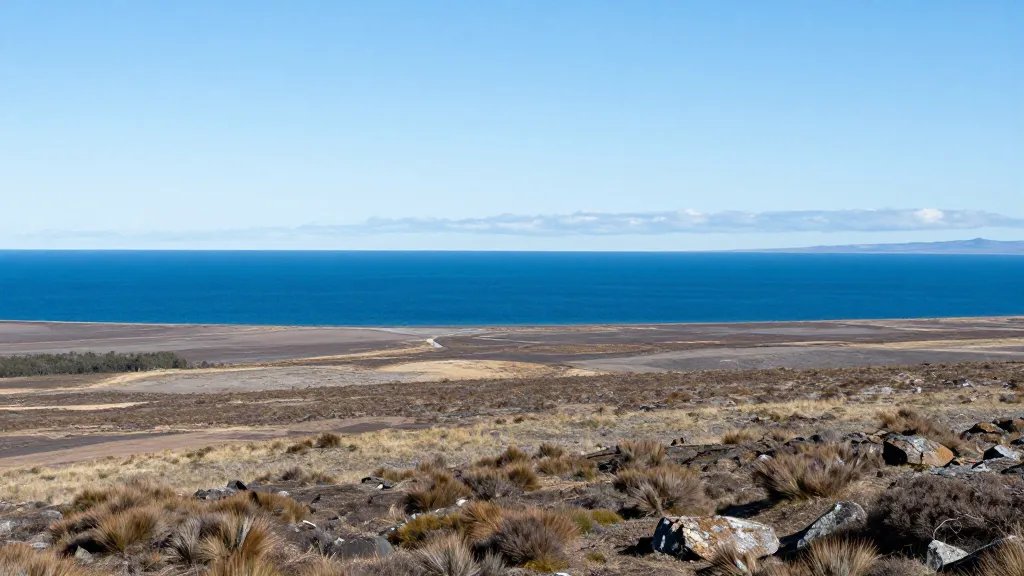 Remote overlook of Patagonian wind-swept plain with crystal blue lake horizon