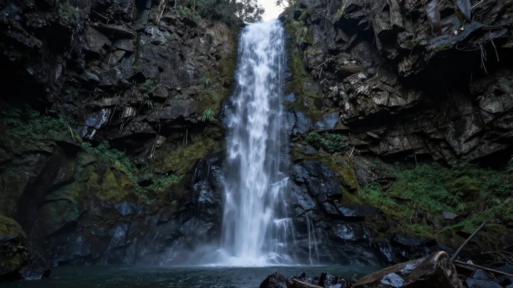 Distant view of Whispering Gorge waterfall cascading over rocks