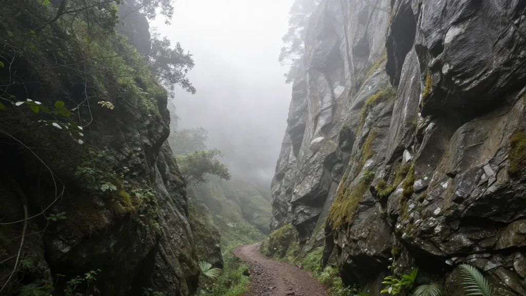 Distant landscape of The Whispering Gorge misty curtain over forested trail