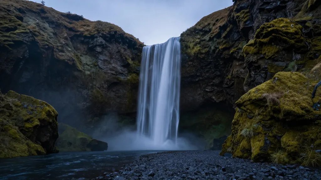 Wide, far-off shot of waterfall peering through mossy gorge walls at dusk