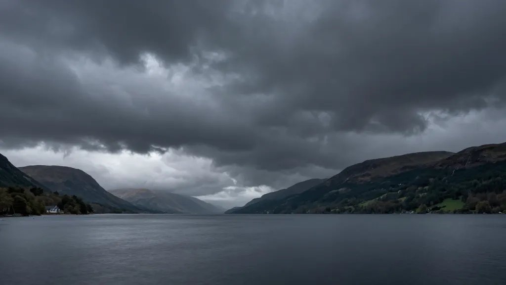 Wide-angle view over Loch Lomond basin under stormy sky
