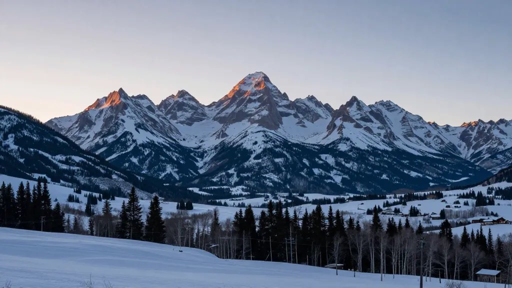 Distant dawn view of Aspen’s The Legendary Slopes with Maroon Bells silhouette