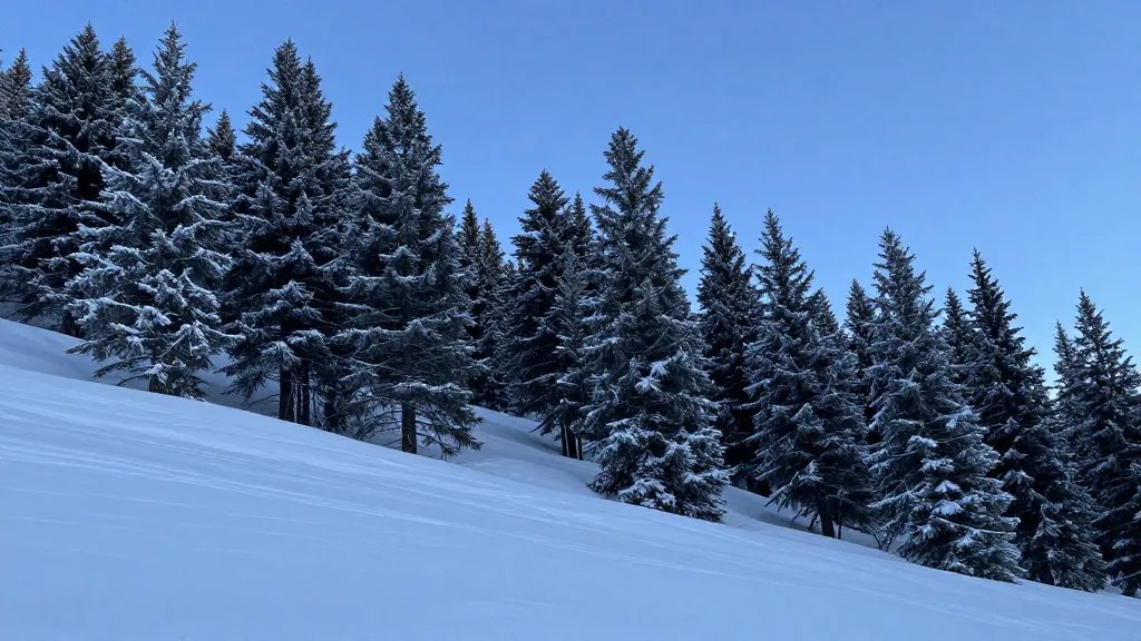 Wide, solitary shot of powder-choked pine trees on Aspen slope at blue hour