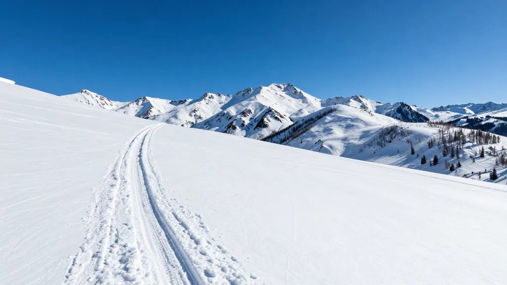 Expansive panorama of Aspen ski terrain under clear blue sky, remote cruiser trail line
