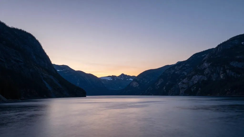 Distant twilight view of Crescent Lake, Lake Crescent, Washington