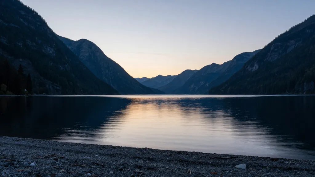 Quiet shoreline at dawn on Crescent Lake, Lake Crescent, Washington