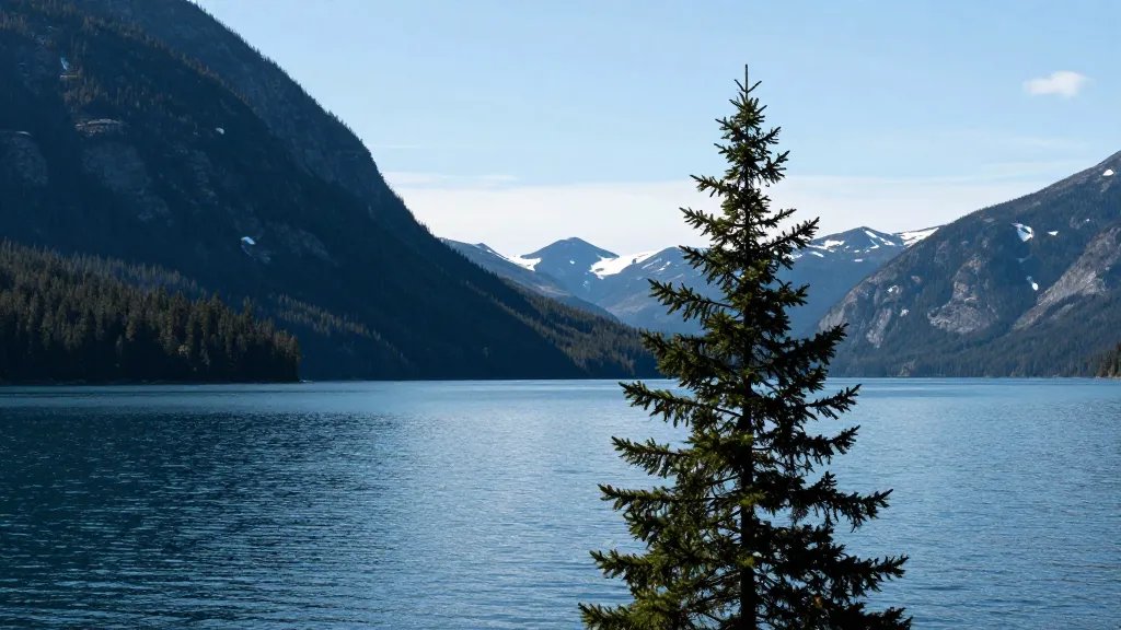 Lone pine silhouette against Crescent Lake’s crystal water, Lake Crescent, Washington