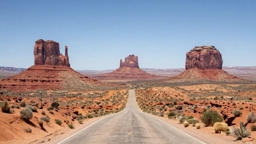 distant landscape of Monument Valley winding dirt road with buttes
