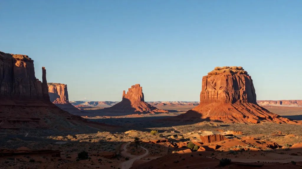 distant landscape of Monument Valley dramatic shadows on red rock formations