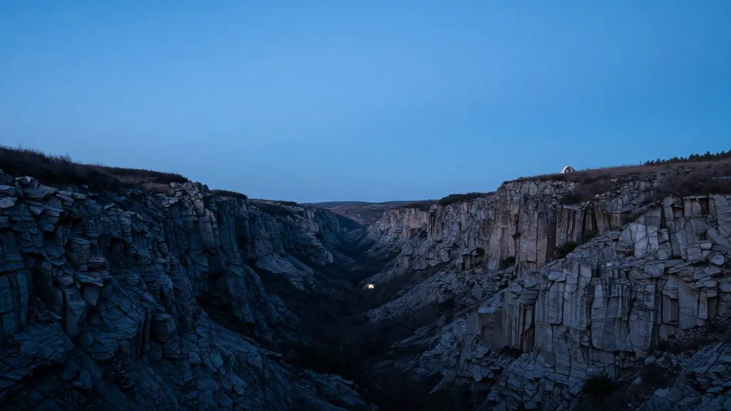 Distant valley overlook with basalt cliffs and lone tent under blue hour sky