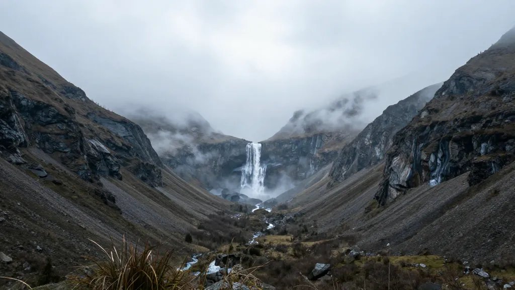 Far-reaching alpine valley with distant waterfall and serene mist