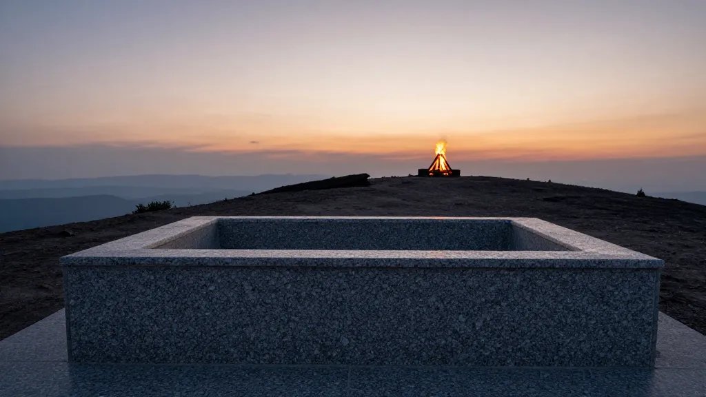 Expansive granite basin from high ridge, solitary campfire silhouette at dawn