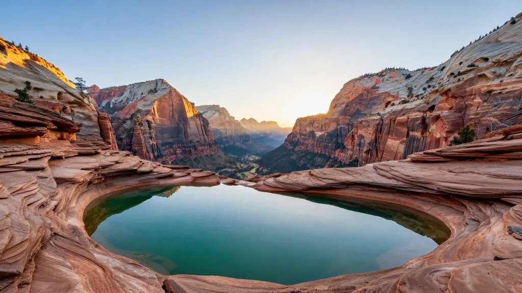 Distant view of Zion Canyon at sunrise, emerald pools reflect sky