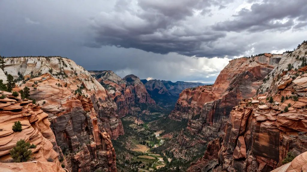 Wide shot of Zion's sheer canyon walls under a dramatic storm sky