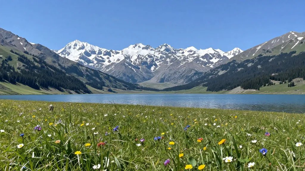 Distant alpine meadow at Lily Lake with wildflowers and snow-capped peaks