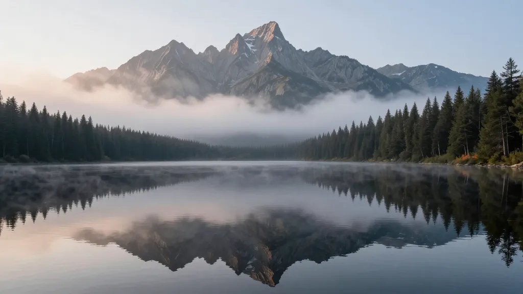 Wide view of Lily Lake reflecting jagged peaks under morning mist