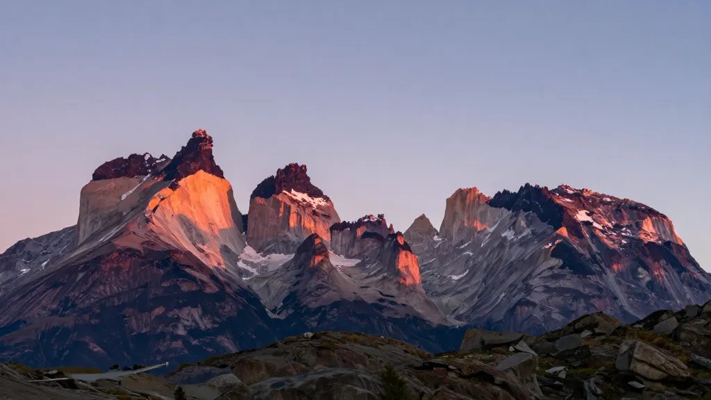 Distant sunrise over Torres del Paine granite peaks, Chile