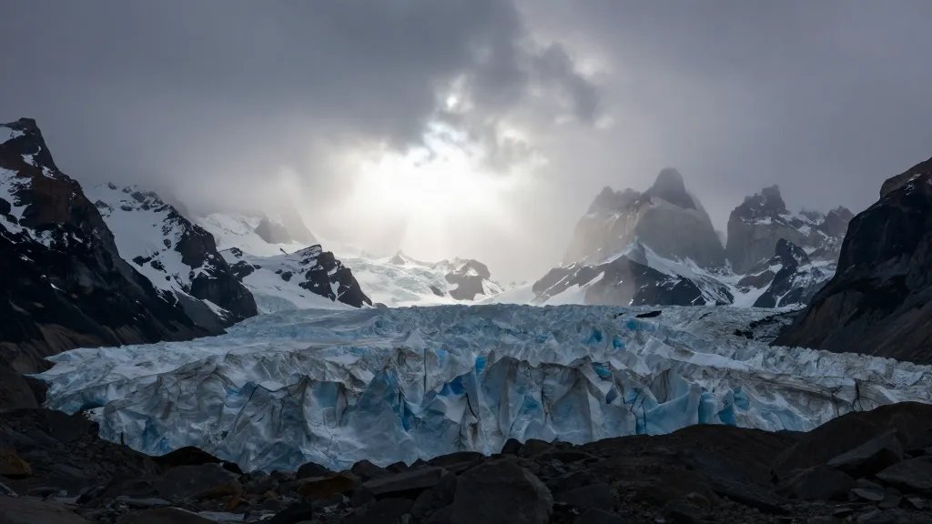 Distant light over Grey Glacier front, Torres del Paine, Chile