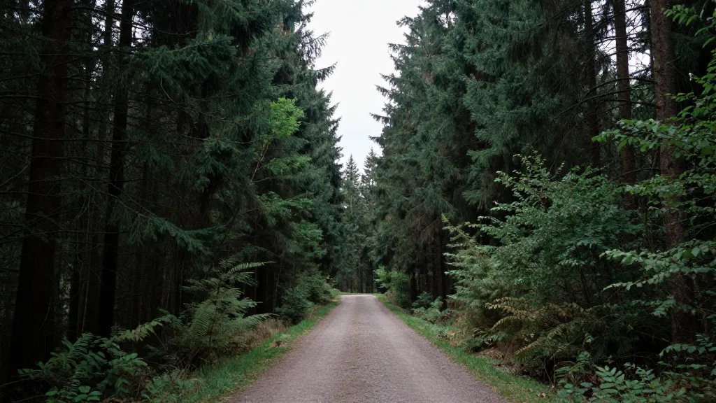 Distant view of a quiet forest trail fork opening to cathedral canopies