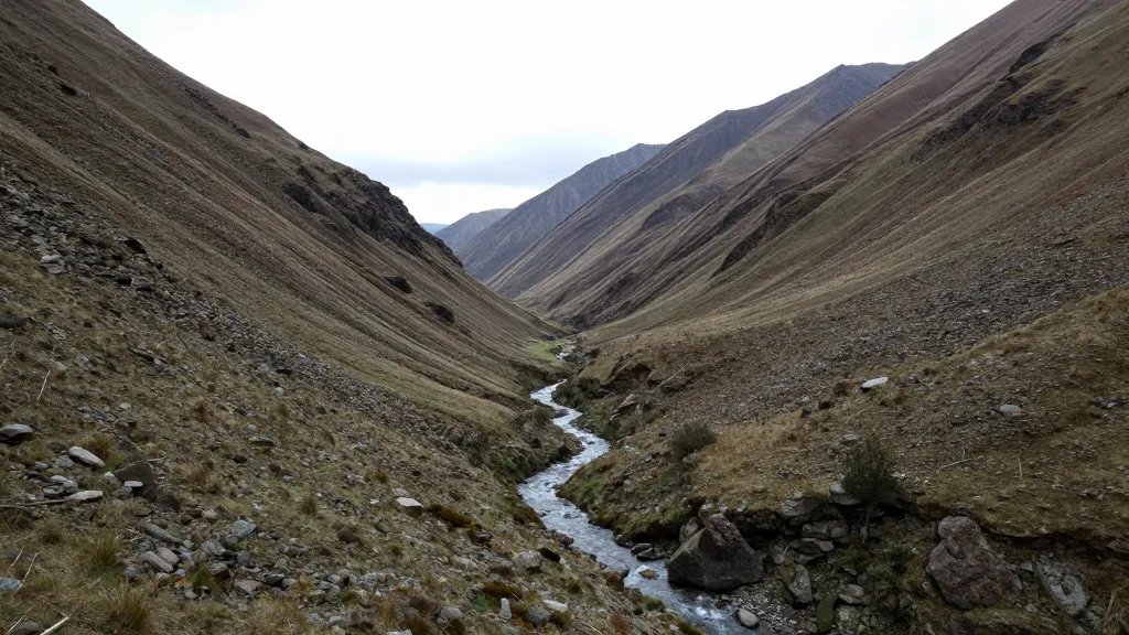 Wide-angle distant shot of a hidden stream carving a secluded valley