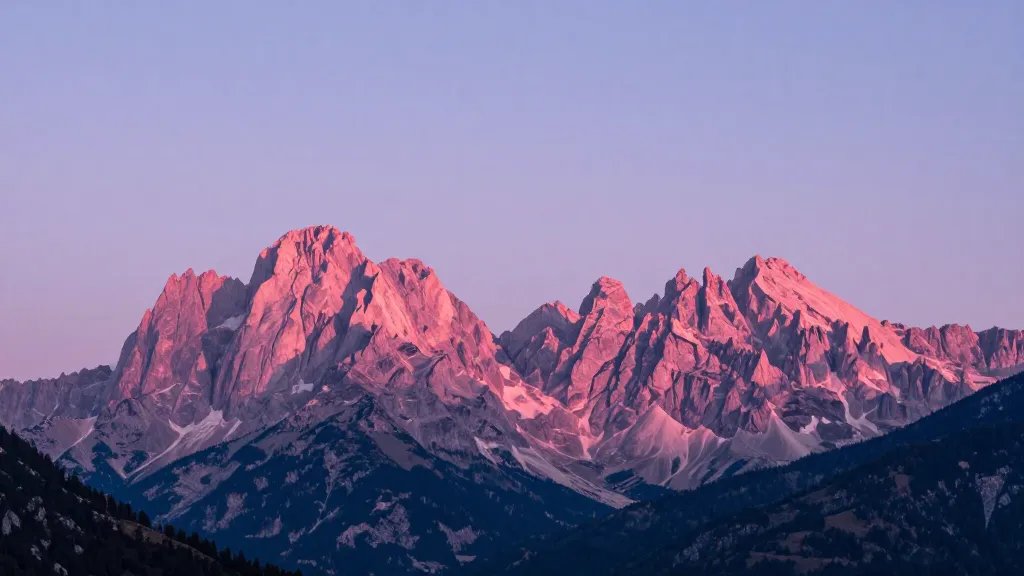 Distant panorama of The Dolomites pink-lit peaks at sunrise