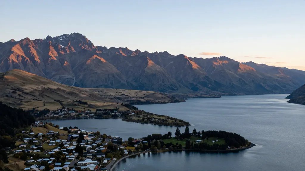 Distant alpine panorama over Queenstown’s lake at dawn
