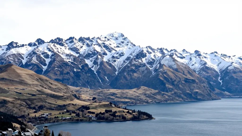 Isolated snow-dusted peak above Lake Wakatipu, Queenstown view