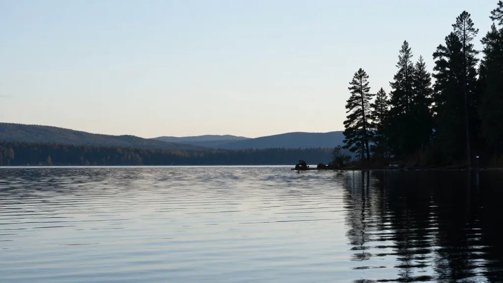 Distant shot of Lake McKay glassy surface under pine silhouettes