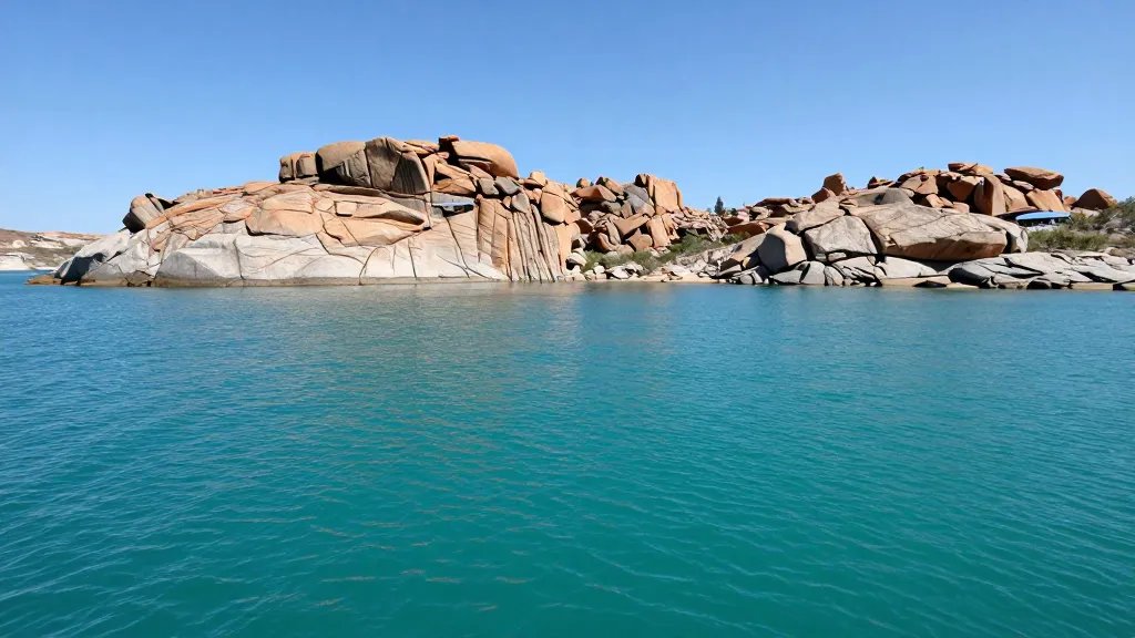 Wide-angle view of Lake McKay turquoise water with granite backdrop