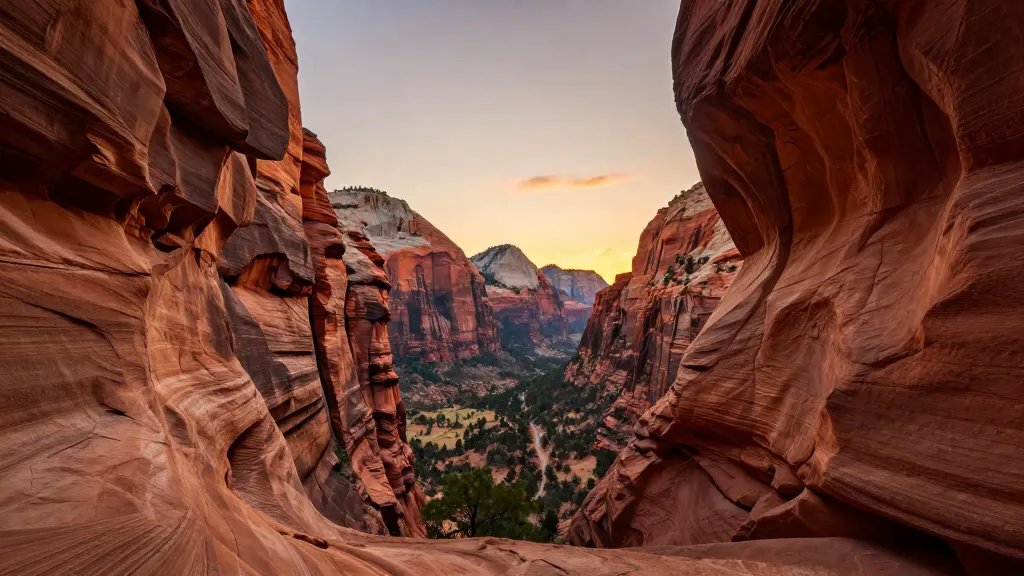 Distant canyon-view of Zion Narrows glow at sunset
