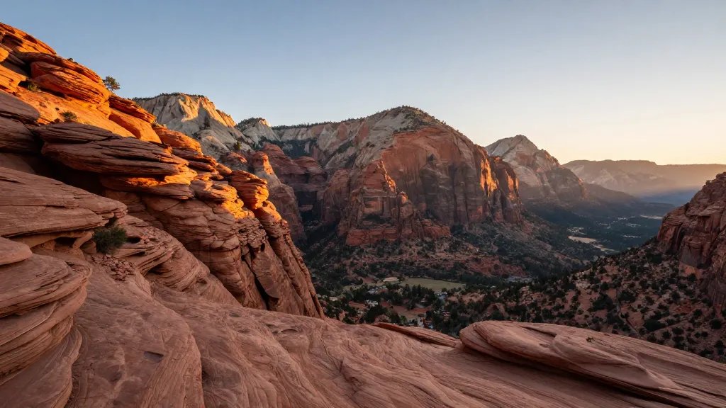 Distant red sandstone cliffs at Zion Watchman campground sunrise