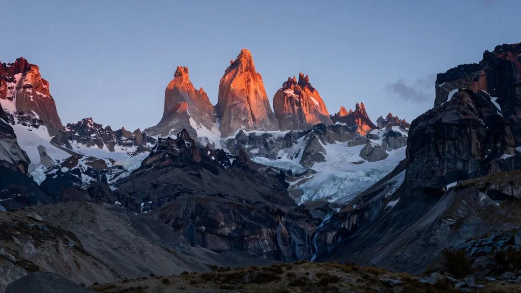 Distant view of Torres del Paine towers at dawn, glacier-fed valley glow