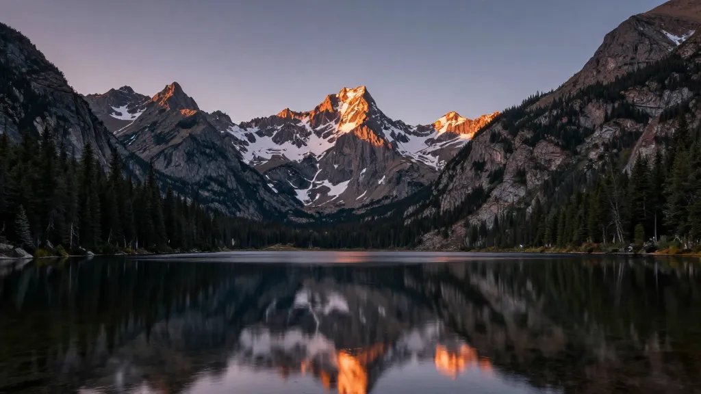 Alpine lake reflection under Colorado peaks at dusk